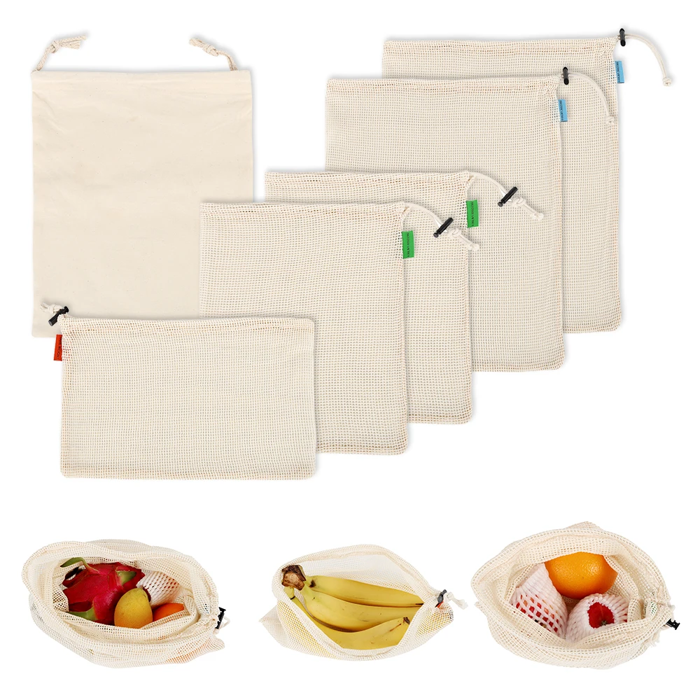 

6pcs/set Reusable Cotton Vegetable Bags Home Kitchen Fruit And Vegetable Storage Mesh Bags With Drawstring Machine Washable