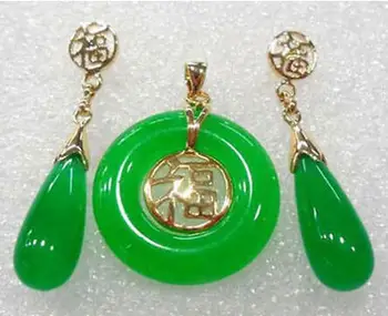 

Wholesale price Jewelry GreenJade stone Fortune Round Women Pendant Chain Necklace Drop Earrings Set