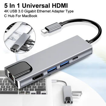 

5 In 1 Aluminum Alloy Multifunctional U Disk PD Fast Charging USB 3.0 Rj45 Lan Gigabit Ethernet Type C Hub HDMI 4K For MacBook
