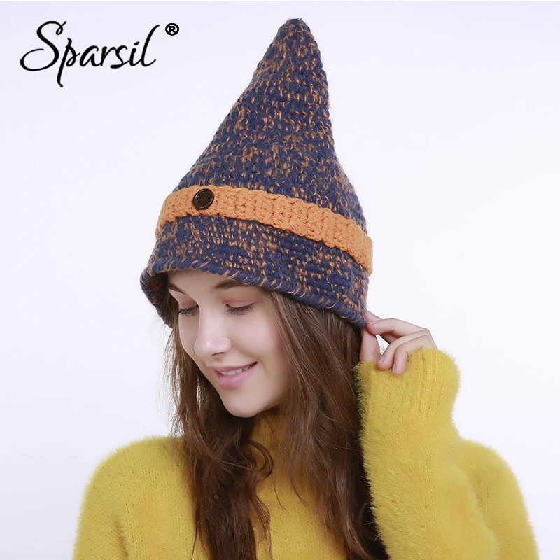 

Sparsil Female Pointed Button Knitted Hat Autumn Winter New Hand-knitted Wool Caps Mixed Color Beanies Women Girl