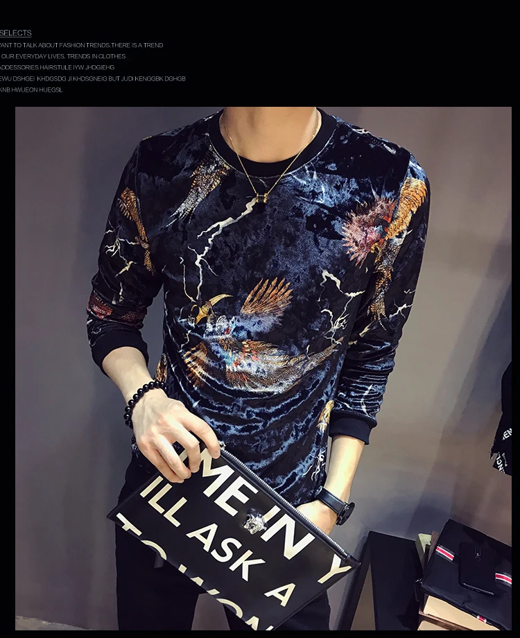 Дизайнерская футболка с принтом Homme Club Outfit, Мужская облегающая бархатная футболка с длинным рукавом и круглым вырезом, осень, роскошная мужская Велюровая футболка