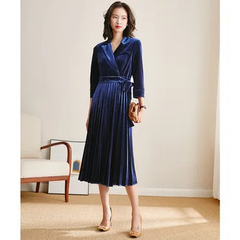 

High-end dress women's velvet A-line dress was thin pleated dress 2020 spring new high-waist dress red dress lady style
