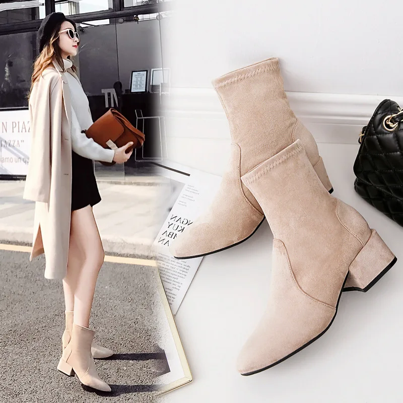 

2019 Autumn And Winter New Style Korean-style Suede Chunky-Heel Short Boots Martin Boots Semi-high Heeled Thin Boots Short Socks