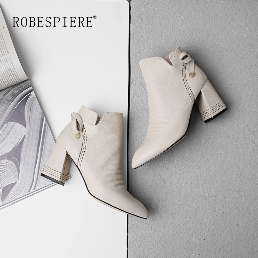 ROBESPIERE/осенне-зимние ботильоны с острым носком; Качественная женская обувь из коровьей кожи; Модный бант-бабочка; ботинки на толстом каблуке; B53