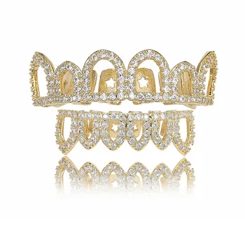 

Hip Hop Teeth Grillzs Hollow Top Bottom Set Dental CZ Paved Bling Iced Out Dental Grills for Men Rapper Jewelry Gold Color