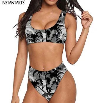 

INSTANTARTS Women Summer Beach Swimwear Colorful Tropical Leaves Ladies' Sport Bikini Sexy High Waisted Bathing Swimsuits Mujer