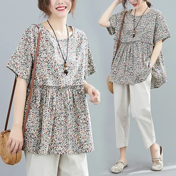 

Summer New Korean Large Size Women Tops Tshirt Floral Print Loose Short Sleeve Casual Blusas Elegante Woman Blouses Shirts