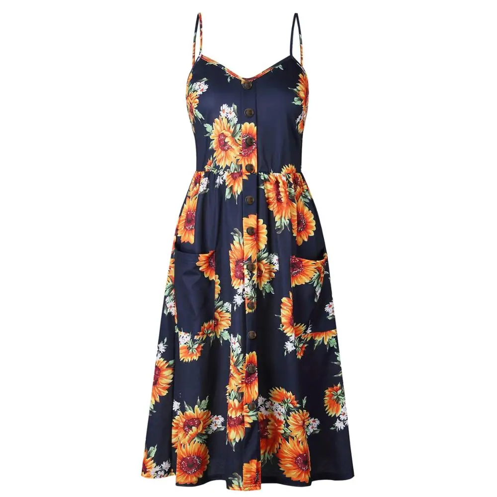 2018 New LOSSKY Women Print Floral Stripe Bohemian Dress V-Neck Sleevele Sexy Button Beach Casual Boho Midi Dress Plus Size 3XL