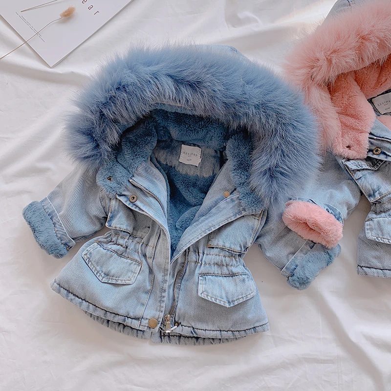 Г. Зимняя джинсовая куртка для маленьких девочек, теплая бархатная верхняя одежда с натуральным мехом для малышей, пальто парка для малышей от 1 до 6 лет ветровка
