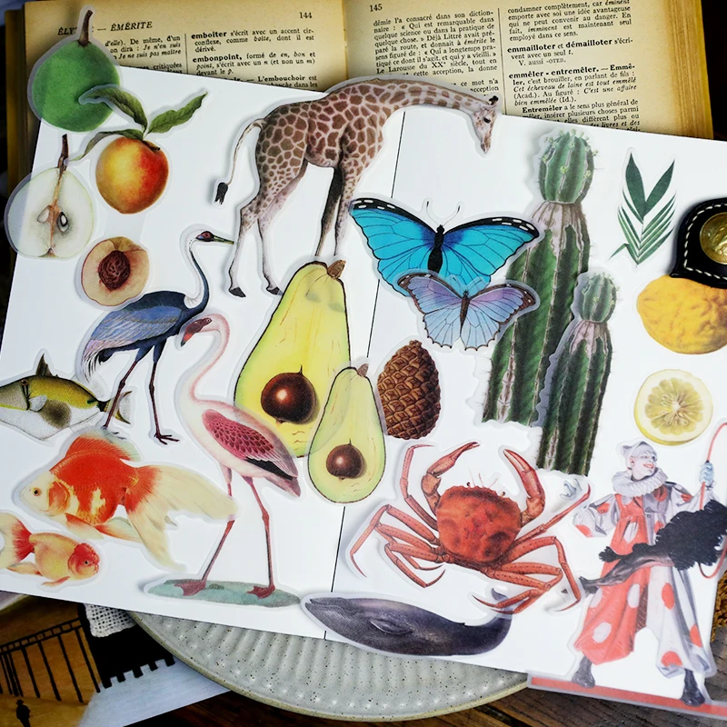 

WOKO 50pcs Natural World Notes Retro Animal/Cactus/Insect/Fruits/Flamingo/Plants/Fish Translucent Sticker DIY Scrapbooking Album