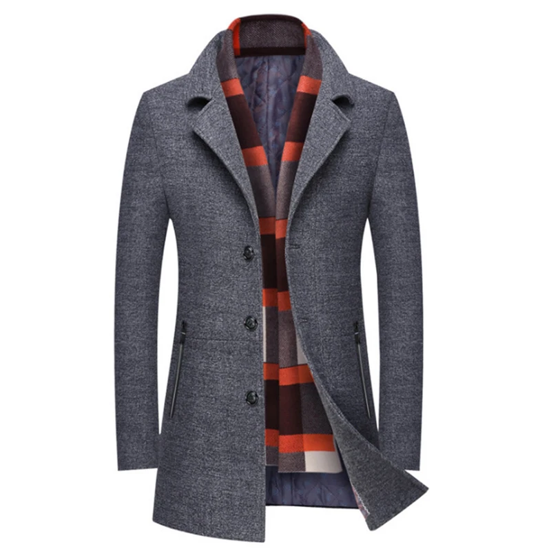 New Men Winter Wool Coat Slim Fit Thick Wool Blends Men Long Trench Coat Fashion Grey Woolen Jacket Scarf Collar Warm Overcoat New Men Winter Wool Coat Slim Fit Thick Wool Blends Men Long Trench Coat Fashion Grey Woolen Jacket Scarf Collar Warm Overcoat