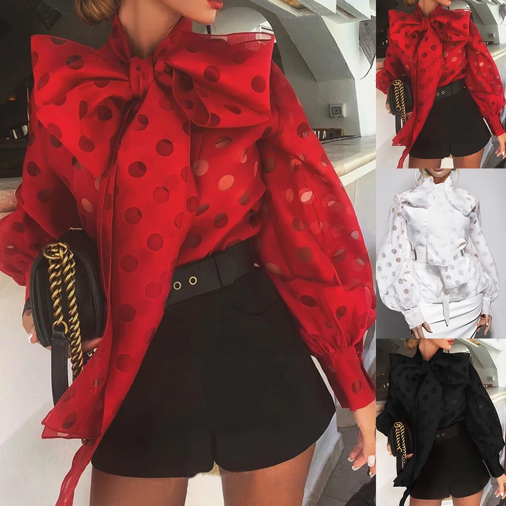 

2020 Women Blouses And Shirt Polka Dot Lantern Sleeve Knotted Blouse Office Lady Street Wear Fashion Trends Top Shirt Causal