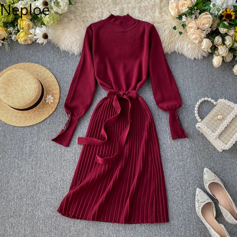 Neploe Stand Collar Puff Long Sleeve Pleat Knit Dress Sweater Slim Waist Lace Up Solid Vestido High Hip Retro Ropa 48020 | Женская
