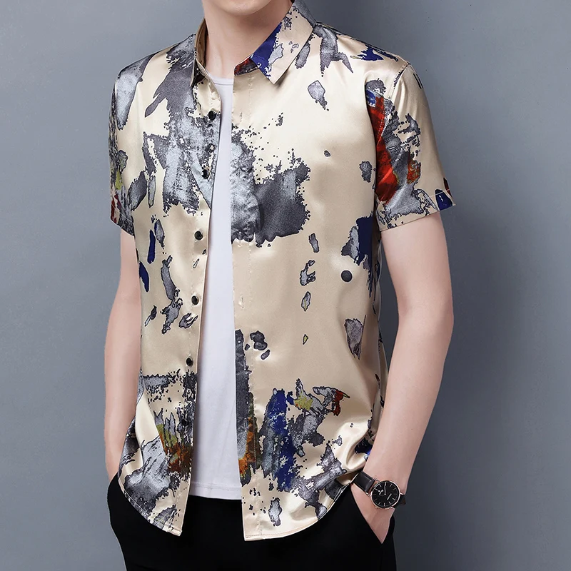 Men's Silk Streetwear Summer Patchwork Colors Shirt Short Sleeve Silk Clothes Fashion Printing Smooth Soft Dress Shirt