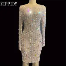 Сексуальное прозрачное платье с жемчужинами и стразами, вечернее праздничное длинное платье, прозрачное Сетчатое стрейчевое платье для выступлений певицы YOUDU