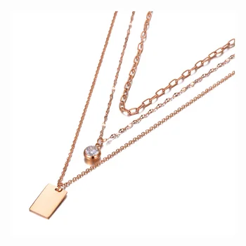 

VA-105 Trendy Three-layer Rectangle Charm Pendant Necklaces Titanium Stainless Steel CZ Crystal Choker Necklace For Women