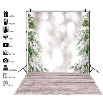 

Laeacco Winter Snow Gray Polka Dots Light Bokeh Pine Wooden Floor Party Baby Child Scenic Photo Background Photography Backdrop