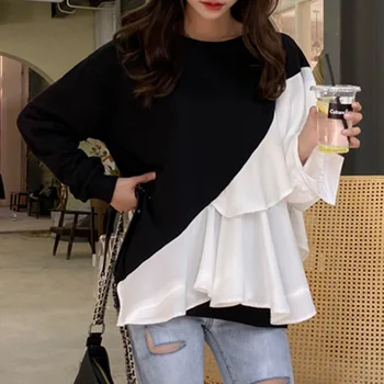 

Irregular Patchwork Blouse Women Korean Chic Designer Brand Fake Two Piece Long Sleeve Color Blocks Shirts Causal Female Tops