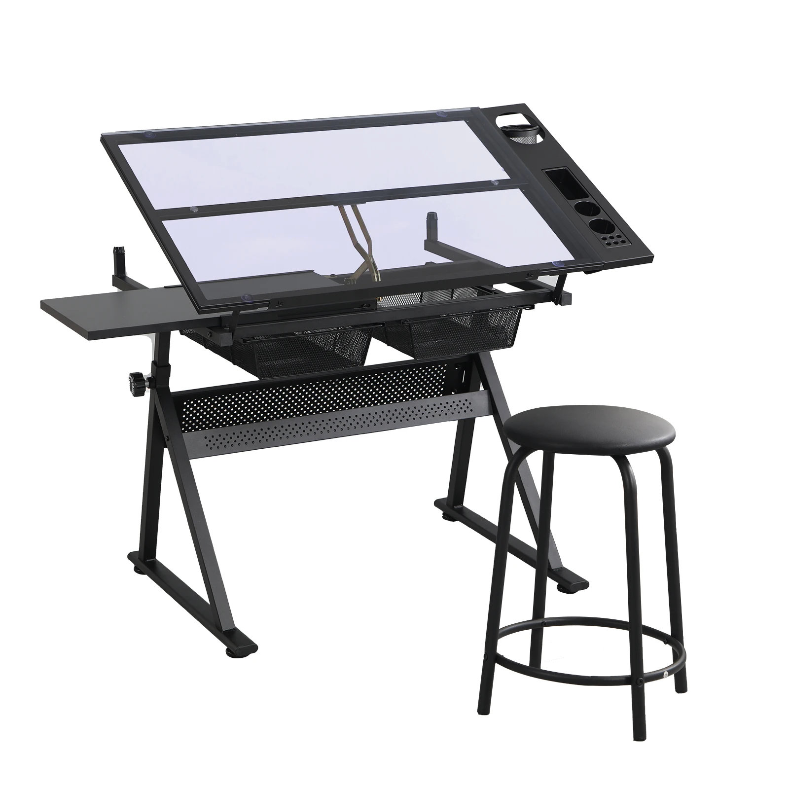 US $242.27 Height Adjustable Glass Top Drafting Table with Storage Drawer and Stool 472551x236x274358Inches BlackUSStock