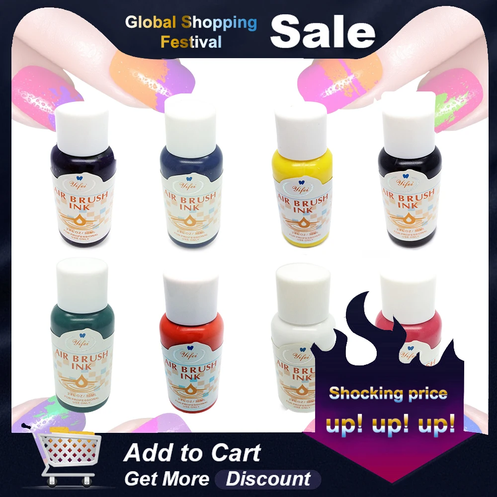 Online 8 colores cada 30ml aerógrafo de diseño de pintura aerógrafo para arte en uñas pintura de pigmento Set para plantillas de mano PISTOLA DE PULVERIZACIÓN Accesorios