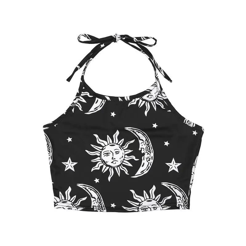 Черный Печатный укороченный топ на бретелях Женская мода лето женский тонкий облегающие верхние жилеты