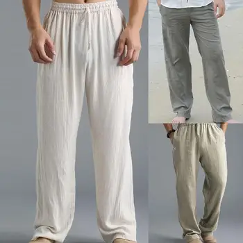 

Casual Harem Men pants Male Solid Elastic Waist Straight Loose Pants Washed cotton breathable casual sports trousers linen Pants