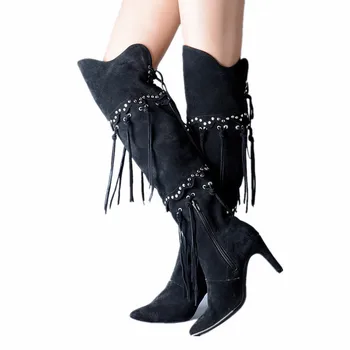 

Black Suede Women Thigh High Boots Rivets Studded Tassels Female Over The Knee Boots Sexy High Heel Long Botas Mujer