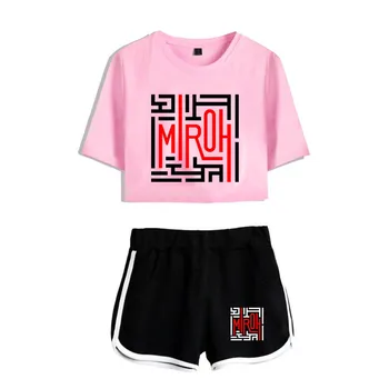 

Stray Kids Two-Piece 2019 Fashion Hot Summer Cotton Print Exposed Navel white T-Shirt+black shorts Women's Suit clothing XS-2XL