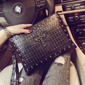 

Punk Style Unisex Hip Hop Cross Tassel Handbag Black Fashion Skull Messenger Rivet Envelope Mini Clutch Small Shoulder Bag