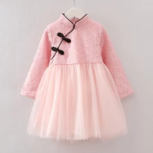 Платья для девочек Новая детская одежда год детское платье с длинным рукавом для девочек в китайском стиле Стиль однотонное платье-Ципао; весеннее кружевное платье принцессы