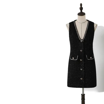 

high quality 2020 Summer Women black songle breasted Tweed Mini Dresses V-neck Elegant sleeveless Celebrity Dress party y621