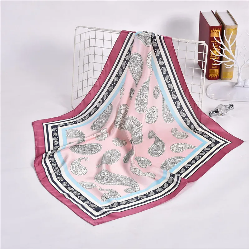 

70x70cm Women Summer Pink Foulard Scarf Satin Floral Print Neck Scarf Neckwear Girls Silk Paisley Square Scarf