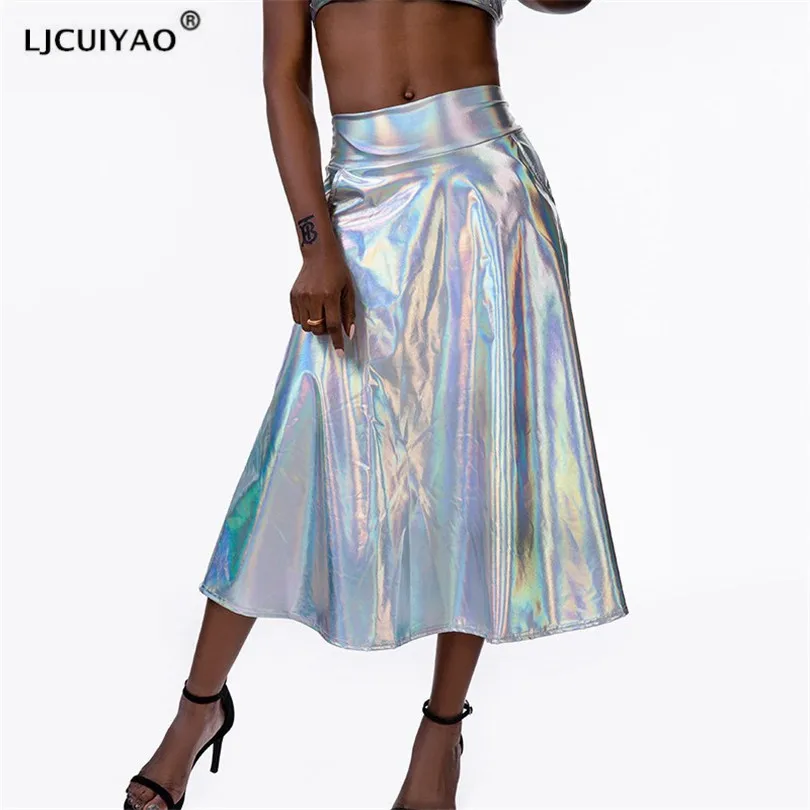 

LJCUIYAO Pu Leather Skirt Spring And Autumn New Fashion Women High Waist Pleated Shining Elastic Skirt Lady Pocket Plus Size