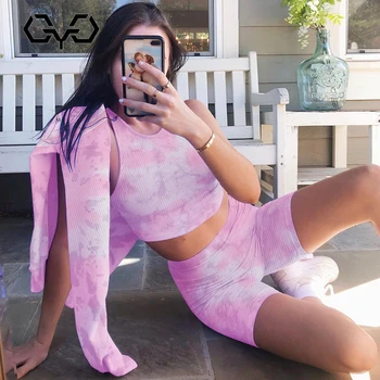 

QYQ 2020 Summer Sexy Tie-Dye Women Sports Vest fitness skinny Sleeveless Round Neck Beach and yoga Shorts 2 Piece Set