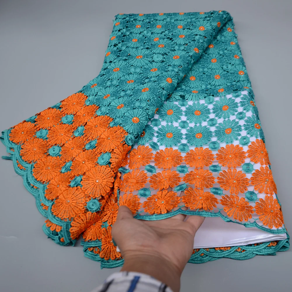 

Milk Silk Lace Fabric Teal Orange African Cord Lace Fabric for Bridal Material Embroidery Nigerian Guipure Lace Fabric