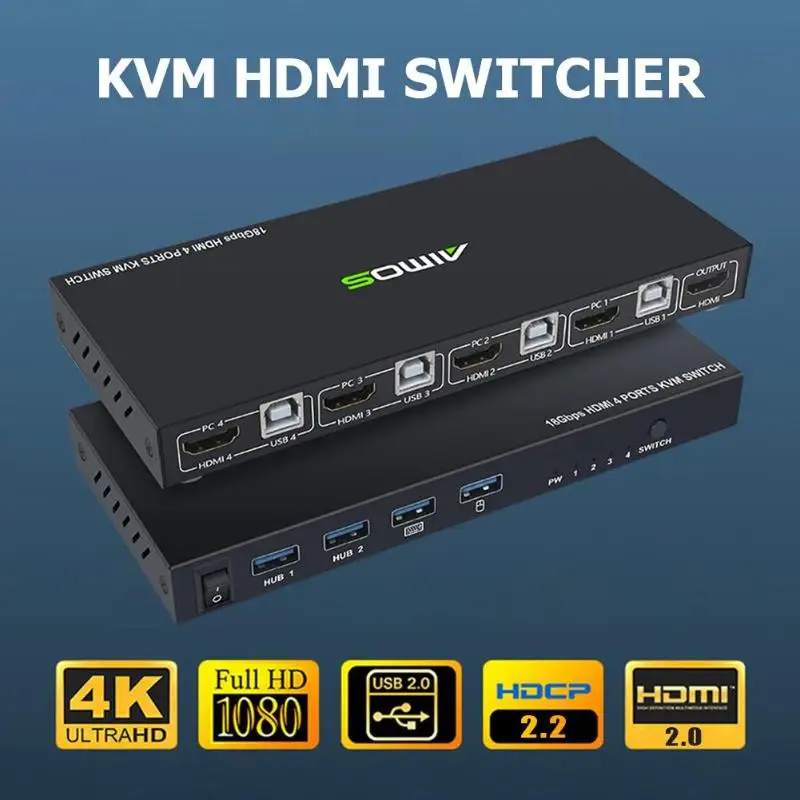 18gbps 4k 60hz ultra hd caixa de metal 4 entrada 1 saída interruptor kvm hdmi 2.0 tela switcher compartilhado teclado e mouse AM-KVM401