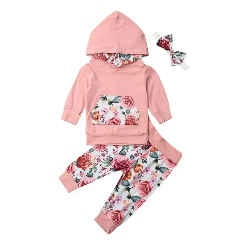 

New Baby Girl Outfits Hooded Tops Floral Pants 3PCS Clothes Set Tracksuit