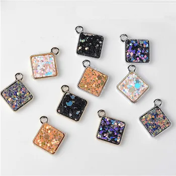 

Wholesale Jewelry Charms Glitter Sequin Square Shape Gold Silver Tone Alloy Fashion Earring Necklace Pendants 16*19mm 100pcs