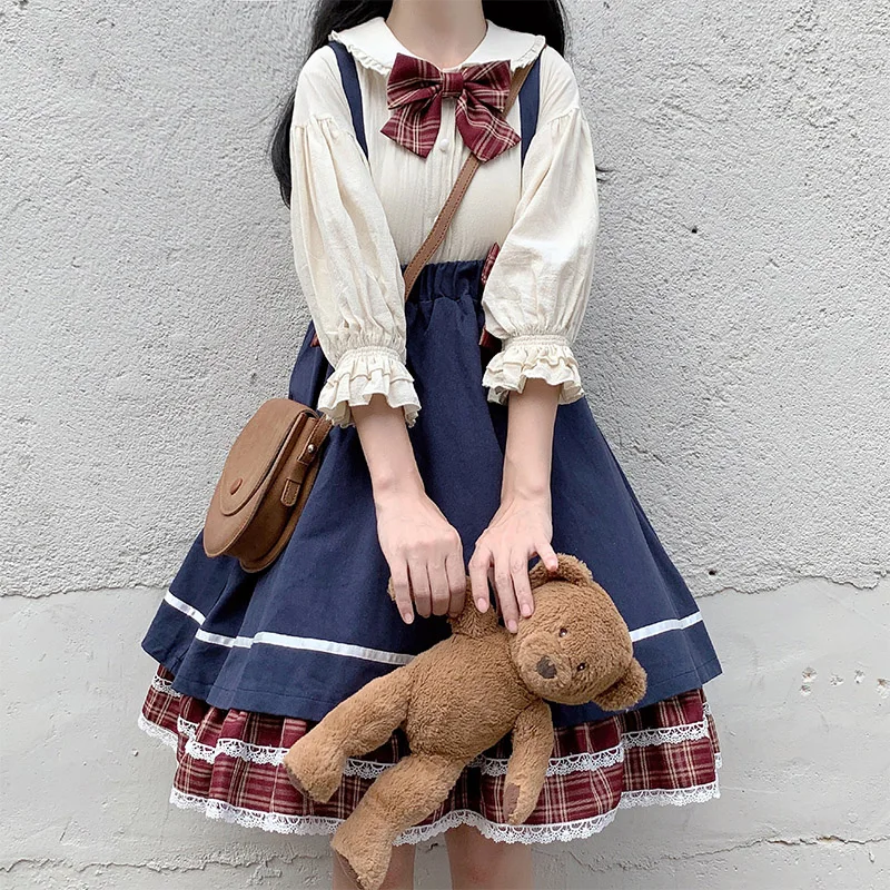 

Japanese College Style 2-Piece Set for Women, Sweet Cute Kawaii Girl Bow Stitching Sling Girl Doll Collar Top Lolita Dress