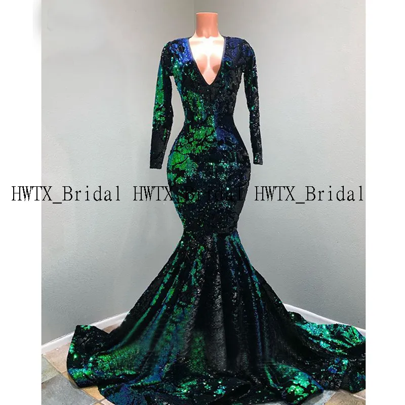 

2020 New Glitter Long Evening Dress Mixed Blue Green Long Sleeves Mermaid Sequin Arabic Formal Party Evening Gown Robe de soiree