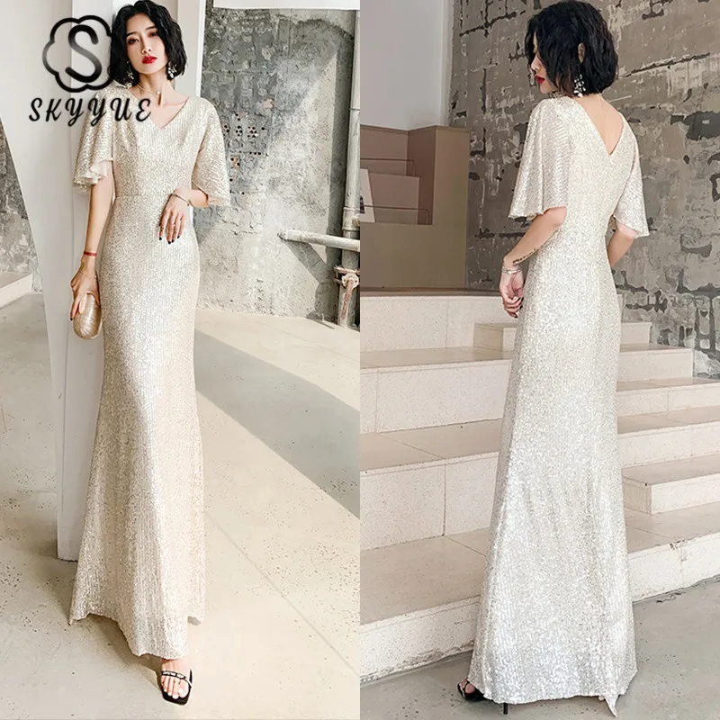 

Skyyue Double V-Neck Evening Dress Gold Sequins Half Sleeve Formal Evening Gowns K122 Long Elegant Mermaid Dress Robe De Soiree