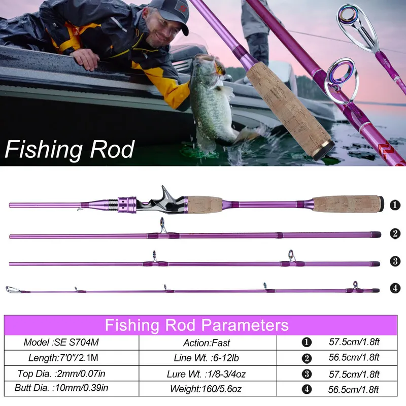 Sougayilang Lure Fishing Rod 2.1M 4 Section Carbon Fiber Fishing Rod 3 Colors Spinning/Casting Travel Rod Fishing Tackle Pesca