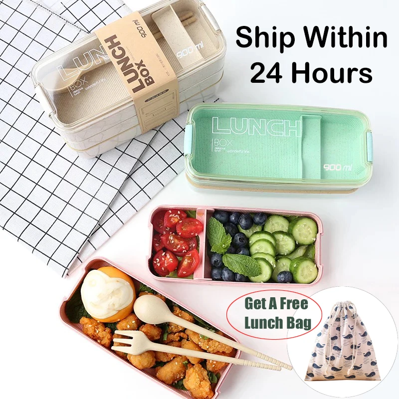 

900ML 3 Layer Large Capacity Wheat Straw Bento Boxes Microwave Dinnerware Portable Leakproof Stackable Camping School Lunch Box