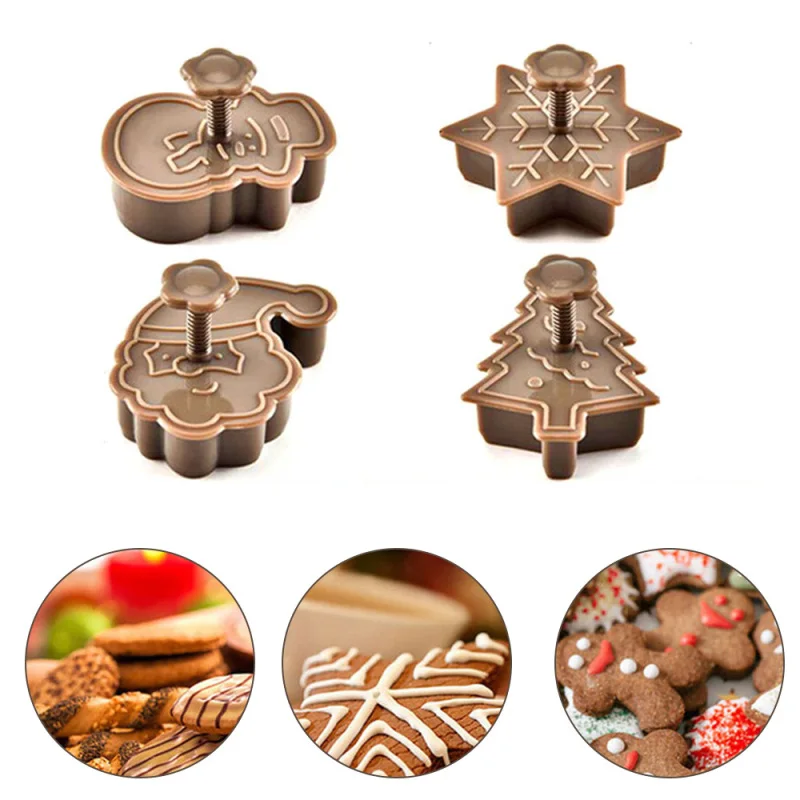 

4Pcs DIY Christmas Tree Snowman Plastic Baking Mold Kitchen Biscuit Cookie Cutter Pastry Plunger Fondant Cake Decorating Tools