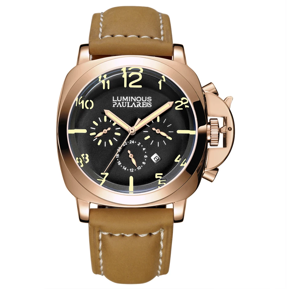 Automatic Self Wind Mechanical Genuine Brown Leather Strap Multifunction Date Month Yellow Green Luminous Rose Gold Men Watch - Цвет: Gold Yellow