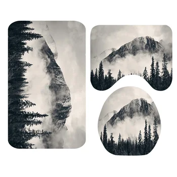 

4pcs Hotel Shower Curtain Set Non-Slip Toilet Cover Mountain Landscape Home 3D Digital Printed Waterproof Bath Mat Mould Proof