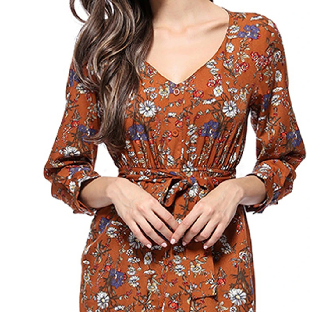 Loose Dresses Long Sleeve Winter Bohemian Beach Women Floral Print  Runway Dress Autumn Party Night Sundress Vestidos 822