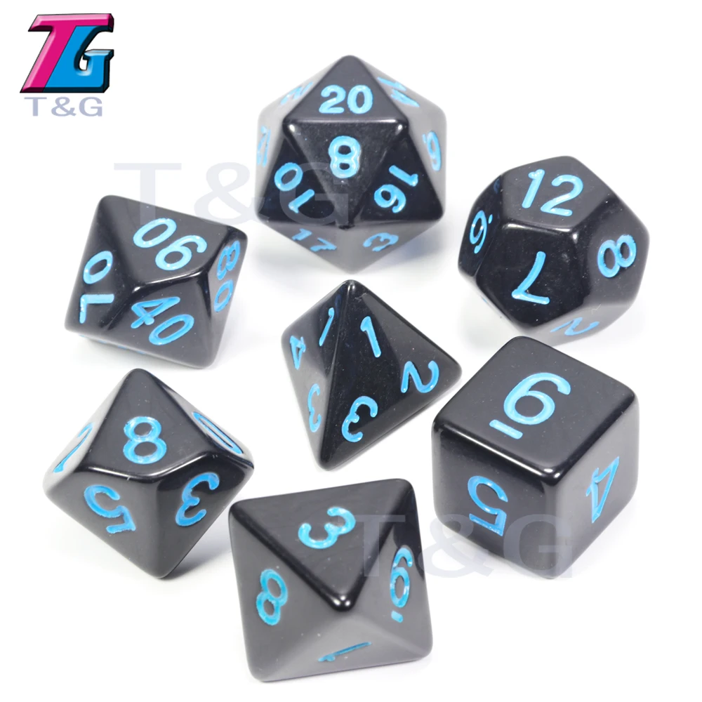 Одежда высшего качества 7 шт./компл. акриловые многогранные TRPG игры для Подземелья и Драконы непрозрачные D4-D20 Multi по бокам кости Pop для игровая - Цвет: 13 Black w Blue
