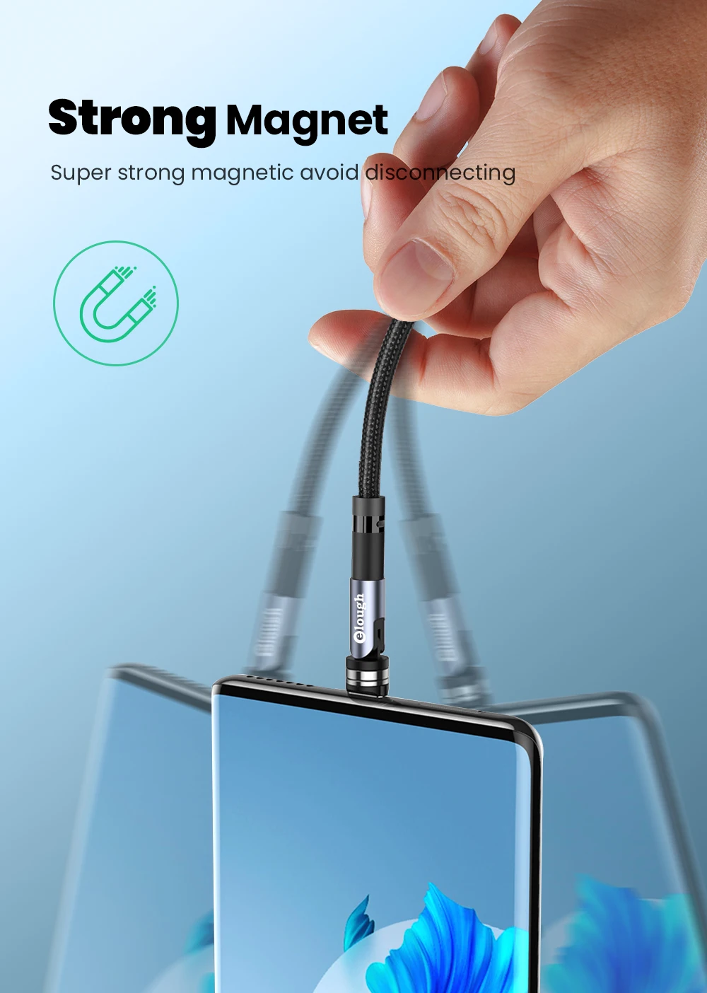Elough 540 Rotate Magnetic Cable Fast Charging Magnet Charger Micro USB C Type C Cable For iPhone Xiaomi Mobile Phone Wire Cord
