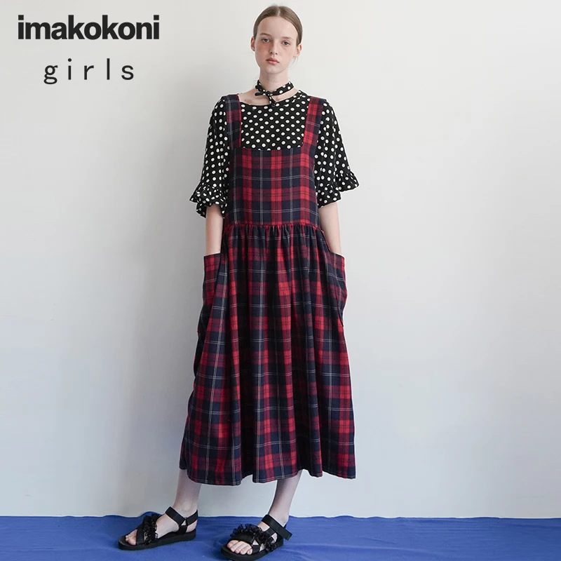 Makokoni В красную клетку Юбка на подтяжках Оригинальный Женская одежда дизайн институт средней длины женские